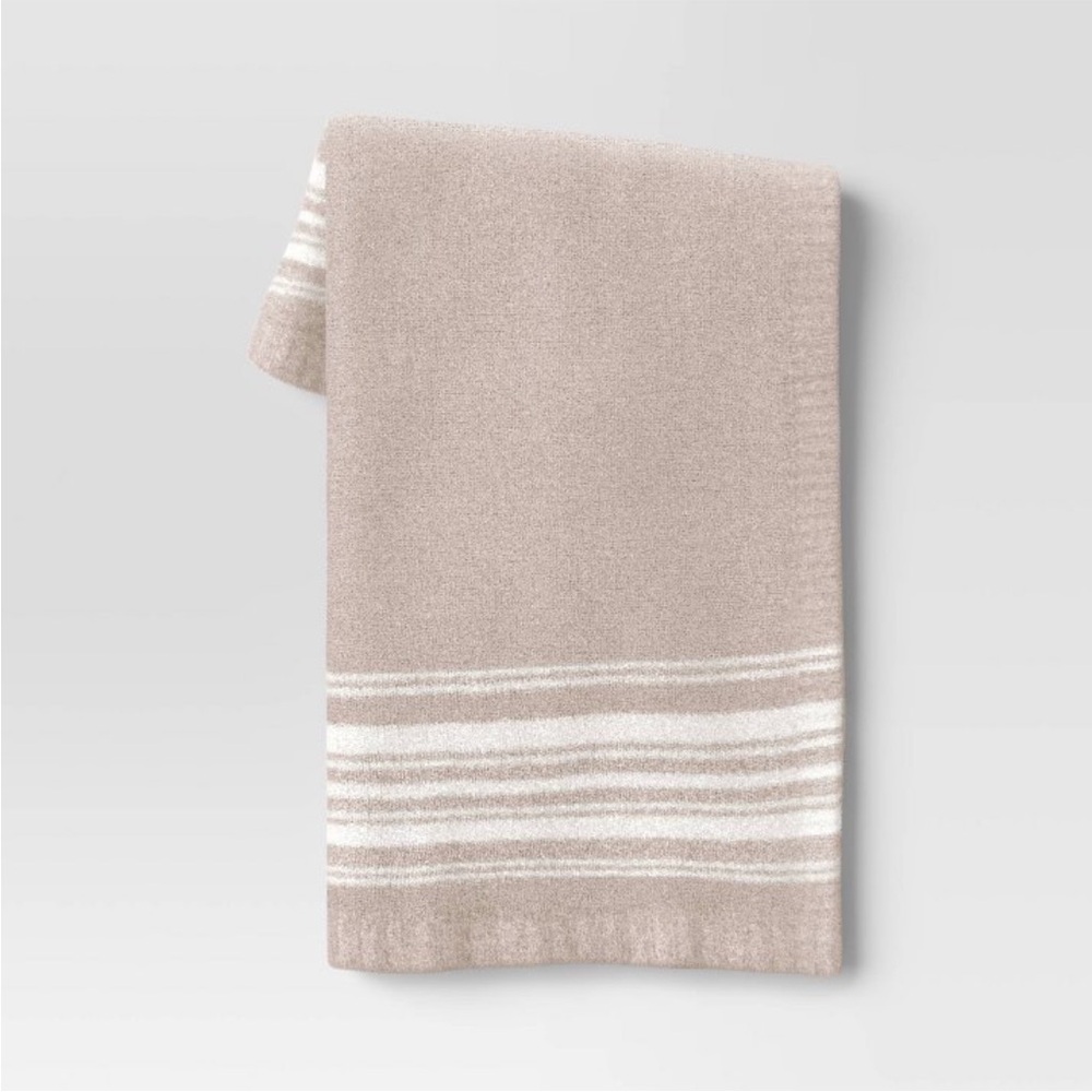 THRESHOLD NWT cozy feathery knit border striped throw blanket -neutral/ivory
